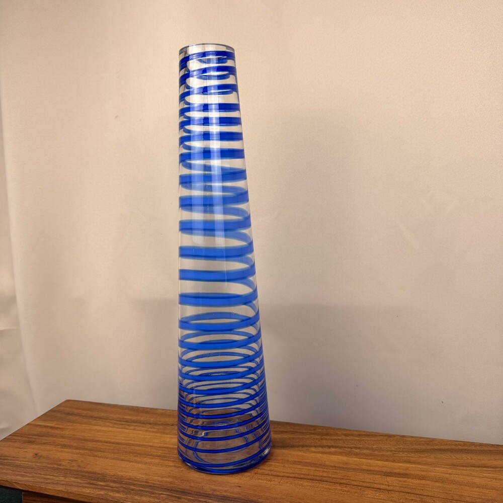 Vintage Handblown Clear & Blue Streamers Spiral Ribbon Tapered 17.75" Vase